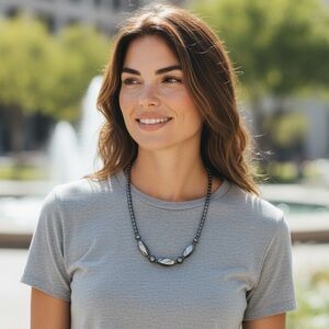 🩶Vintage Artisan Hematite Beaded Stone Pendant Necklace/NWOT🩶